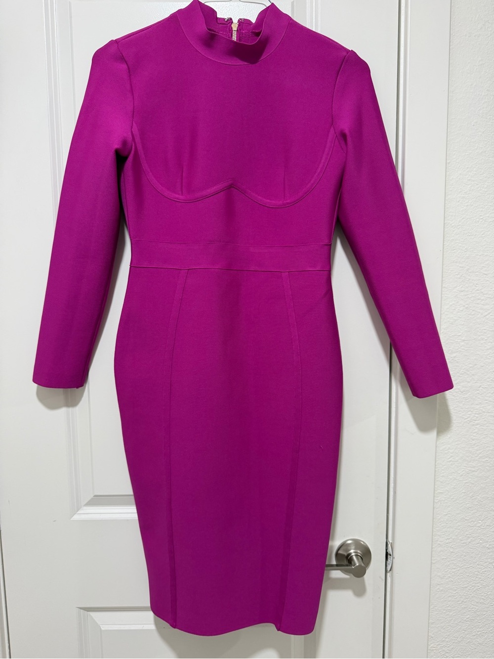 Fitted Long Sleeve Sheath Dress in Bright Fuchsia